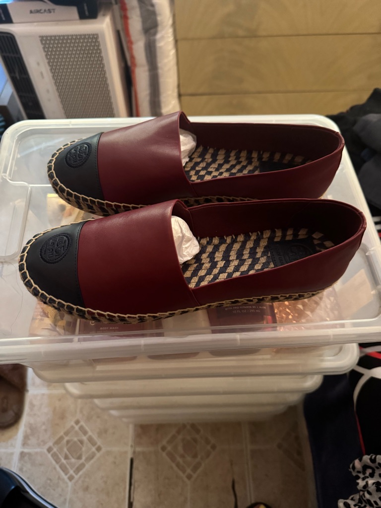 Tory Burch Burgundy And Black Leather Espadrille Slip-Ons
